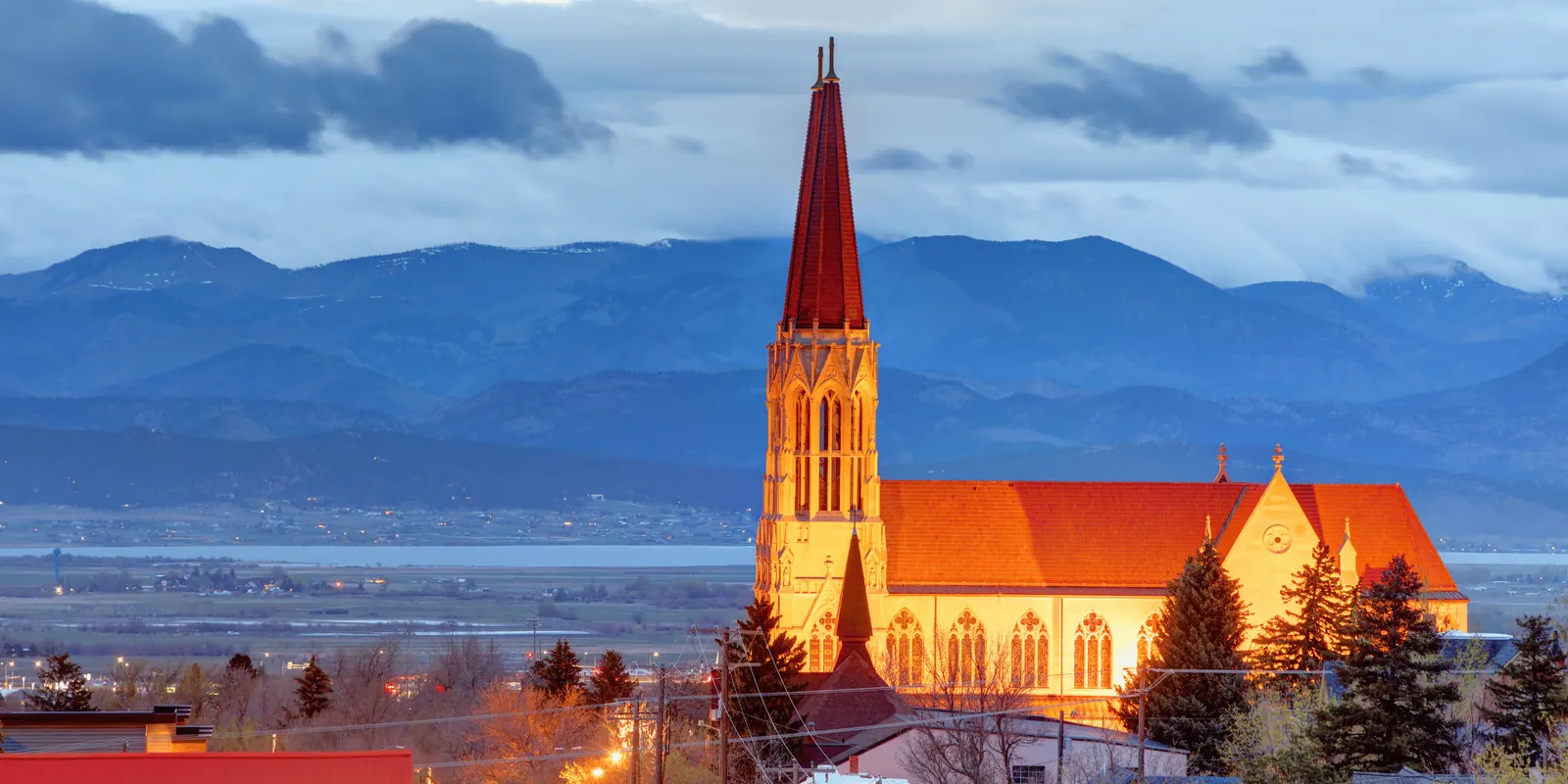 The Cathedral of Saint Helena with mountains behind it