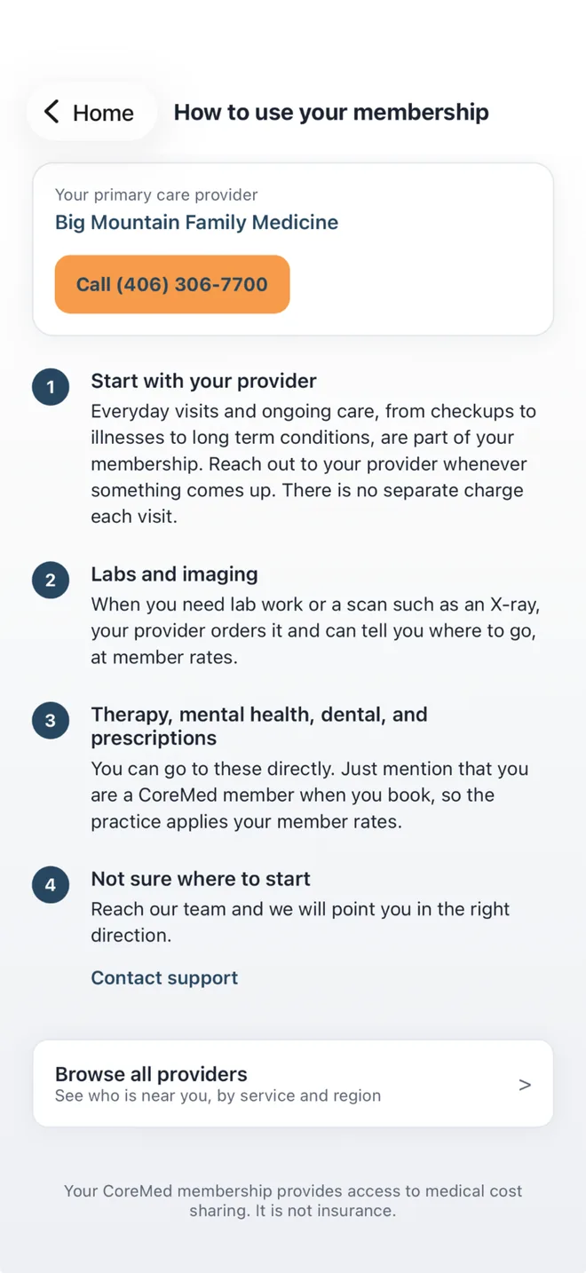 The app's How to use your membership screen, with the member's primary care provider and a call button