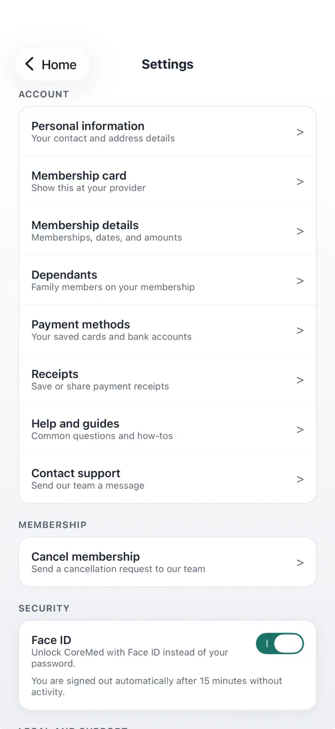 The app's Settings screen, with membership card, payment methods, receipts and Face ID