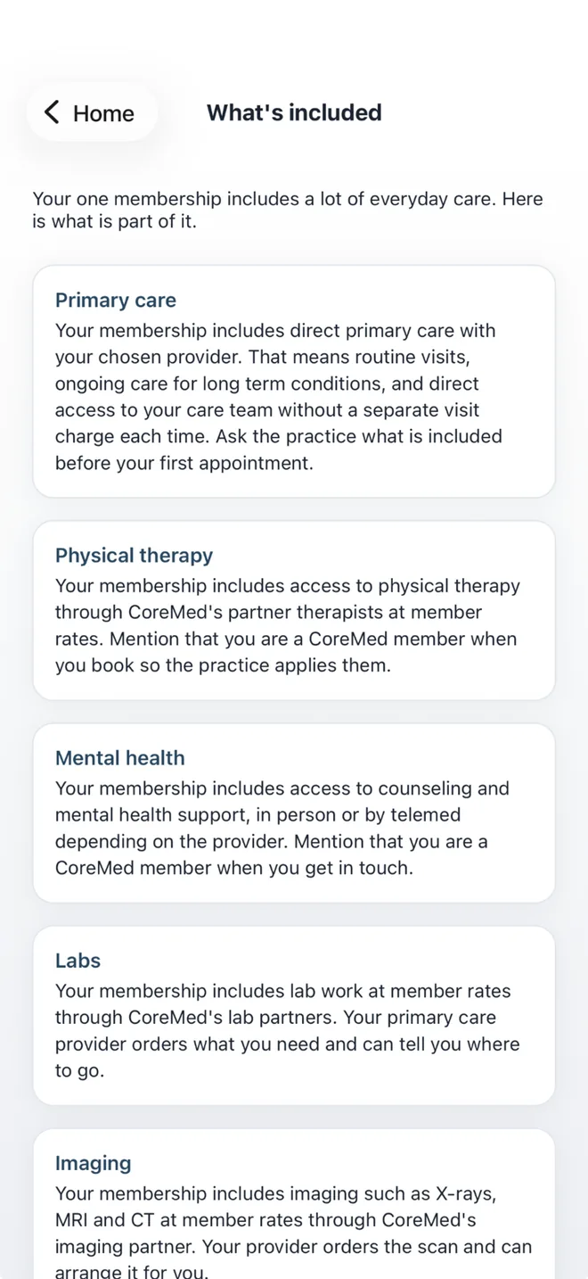 The app's What's included screen, explaining primary care, physical therapy, mental health, labs and imaging