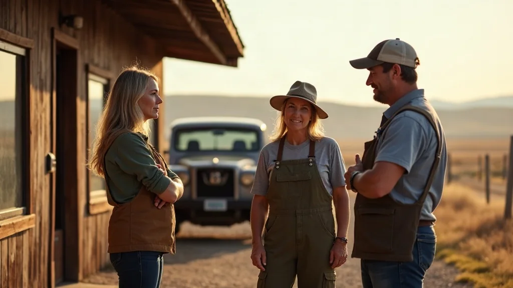 A Montana business owner talking with two of her employees outside the shop at the end of the day