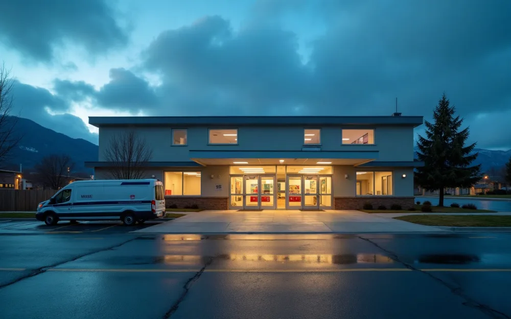 A small-town hospital emergency department entrance lit at dusk