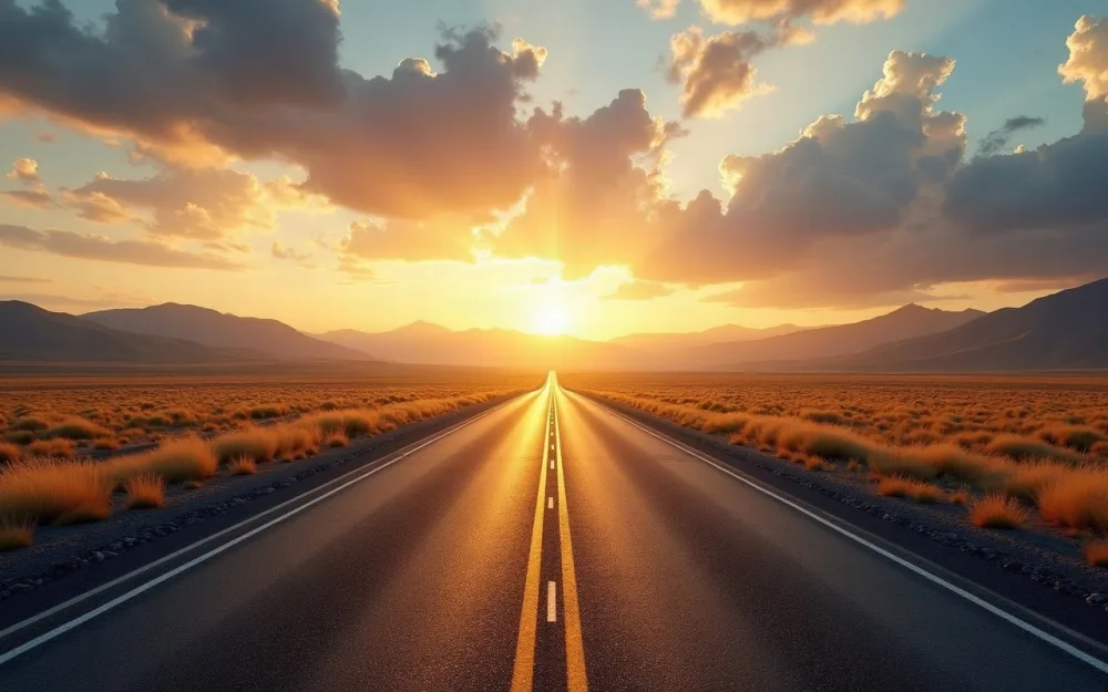 An open highway running toward distant mountains at golden hour