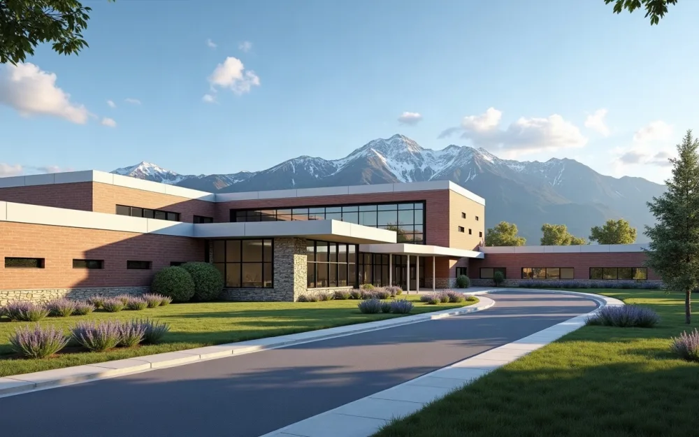A regional hospital building with mountains behind it
