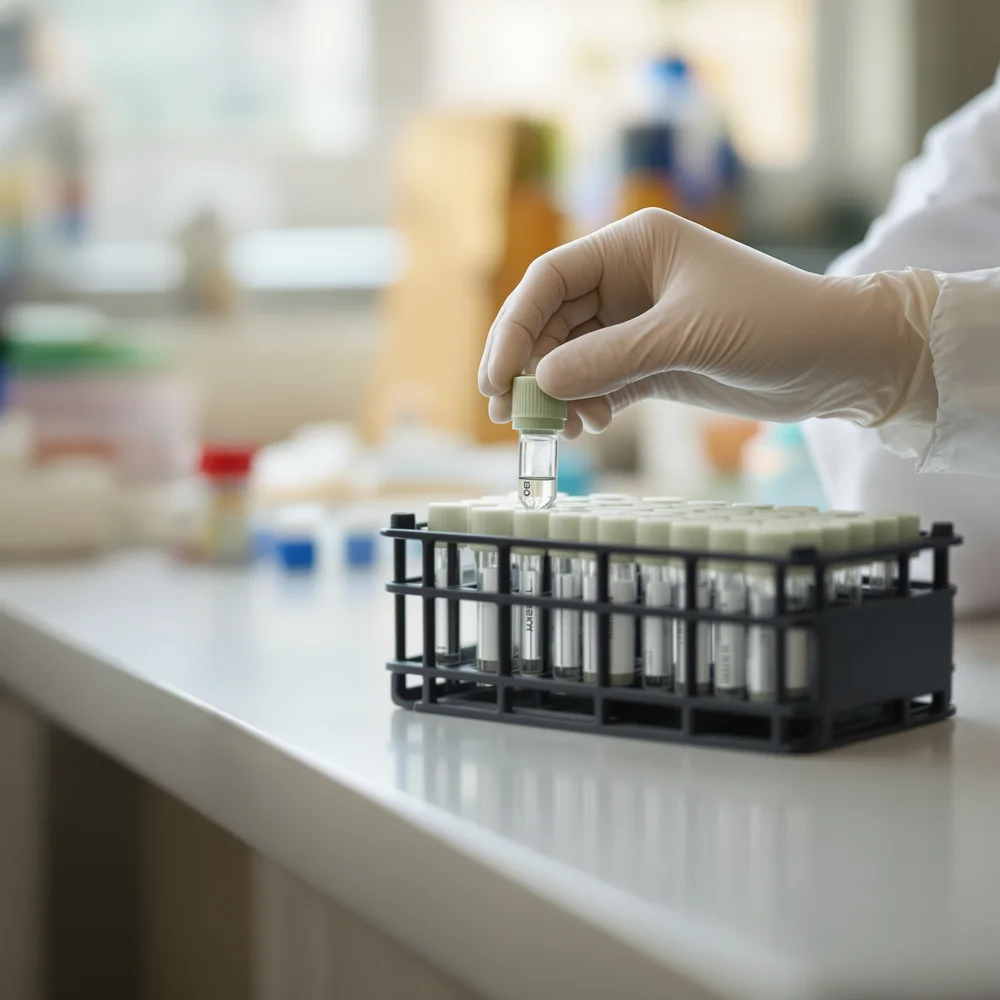 A gloved hand placing a specimen tube into a rack on a clinic counter