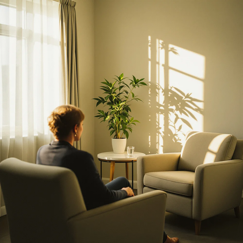 A quiet counselling room with two armchairs by a sunlit window