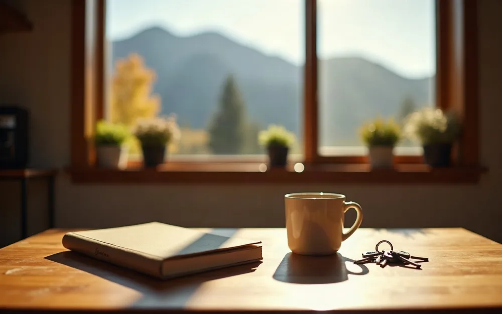 A kitchen table with a coffee mug and keys by a window looking out at mountains