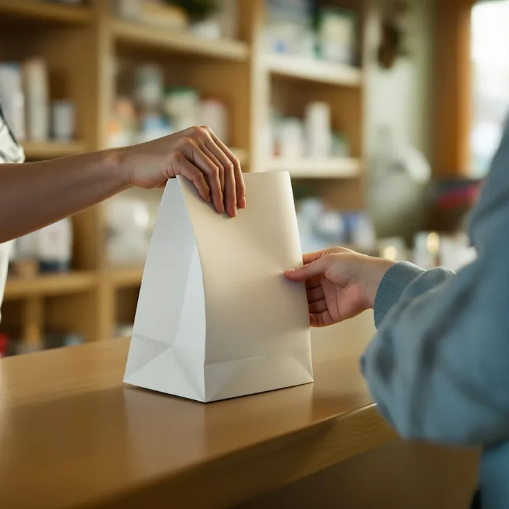 A prescription bag being handed across a pharmacy counter
