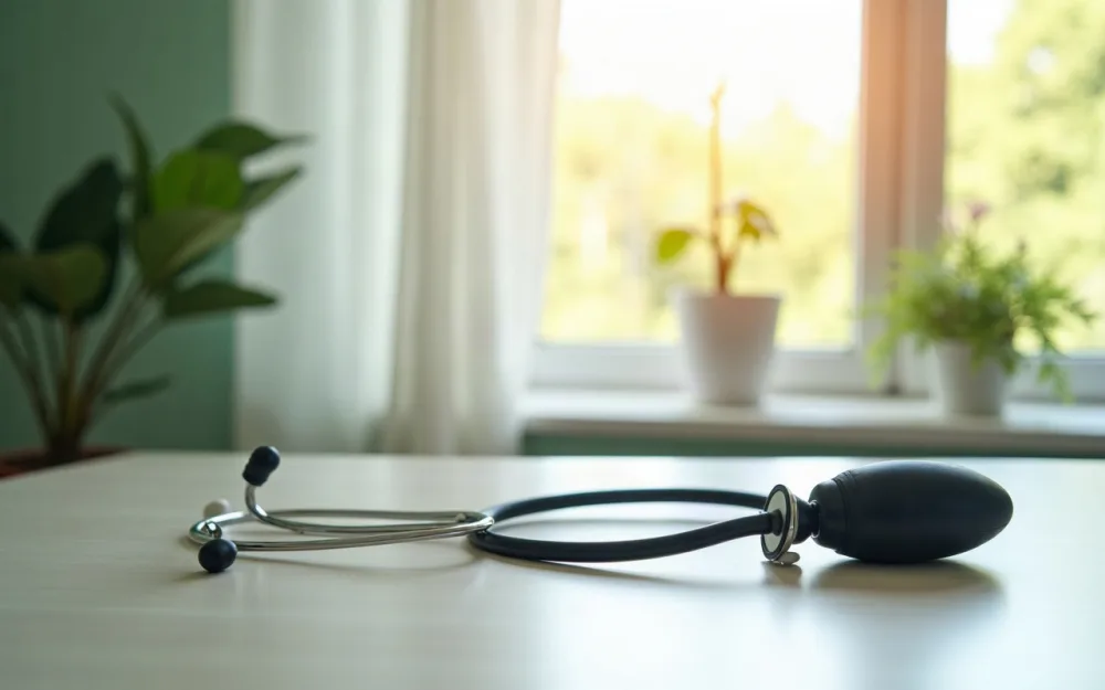 A stethoscope and blood pressure cuff on a clinic counter by a sunlit window