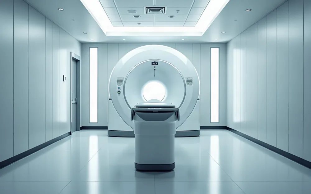 An empty MRI scanner room in a hospital