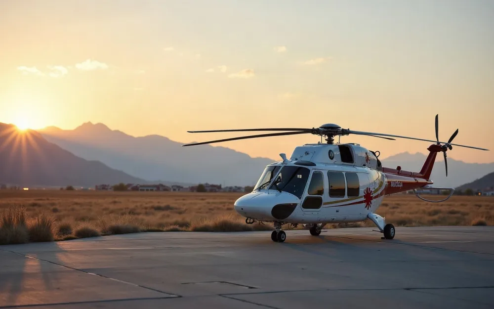 A medical air ambulance helicopter on a hospital helipad at golden hour
