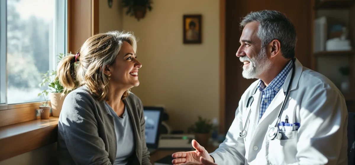 A doctor and a patient talking unhurriedly in a sunlit consulting room