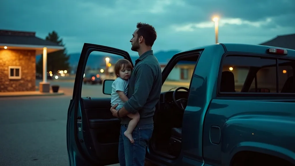 A father holding a sleeping toddler beside his pickup in a clinic car park at dusk