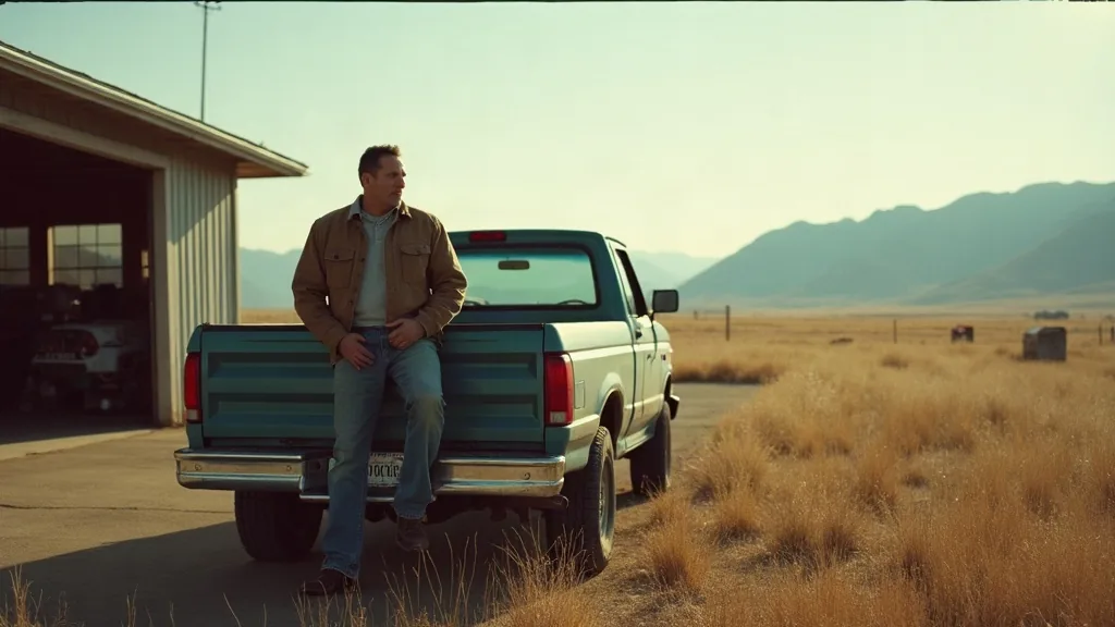 A man sitting on the tailgate of a pickup outside a workshop, looking out over open Montana country