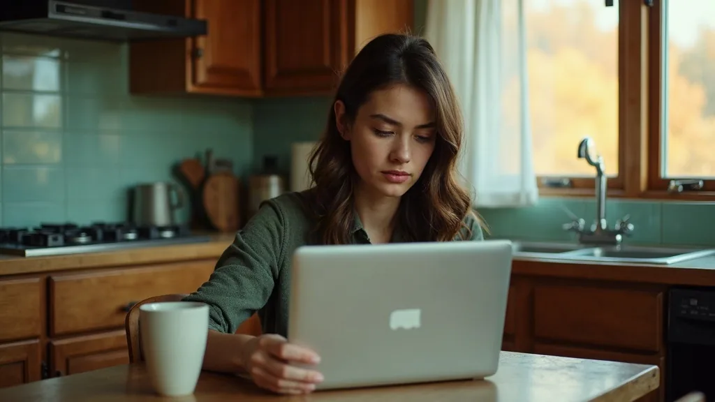 A young woman at a kitchen table with a laptop, working out what to do about health cover