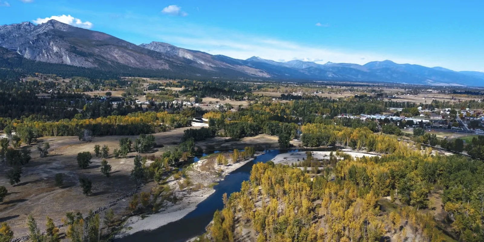 Aerial view of Hamilton, Montana with the Bitterroot River and mountains beyond