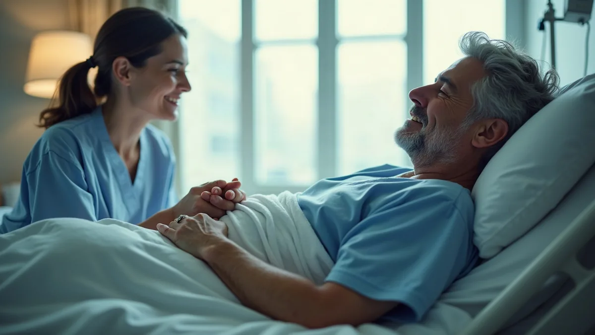 A man resting in a hospital bed with his daughter sitting beside him, holding his hand