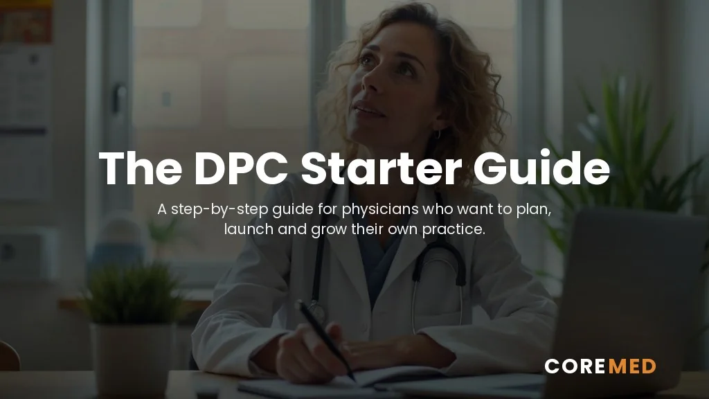A doctor sitting at a desk in a small independent clinic, notebook open, thinking through a plan